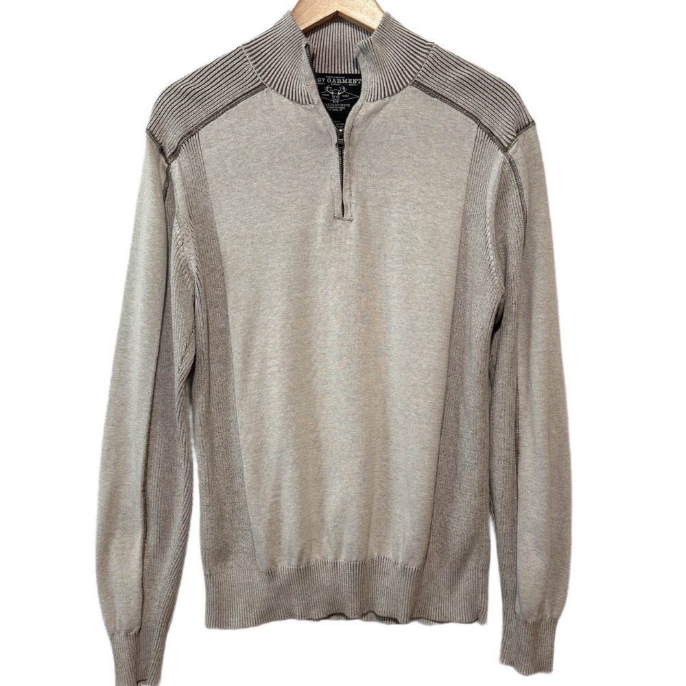 1897 Garment Sweater Mens Large Brown Grey Pullover Quarter Zip Knit 100% Cotton